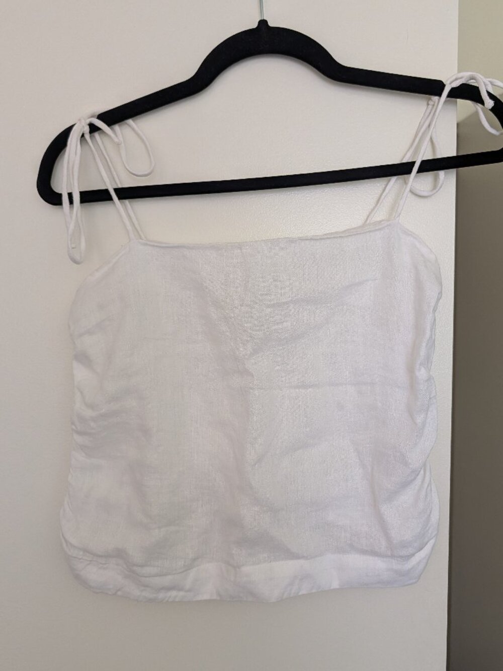 H&M White Linen Smocked Back Crop Cami Tie Strap Square Neck Size M